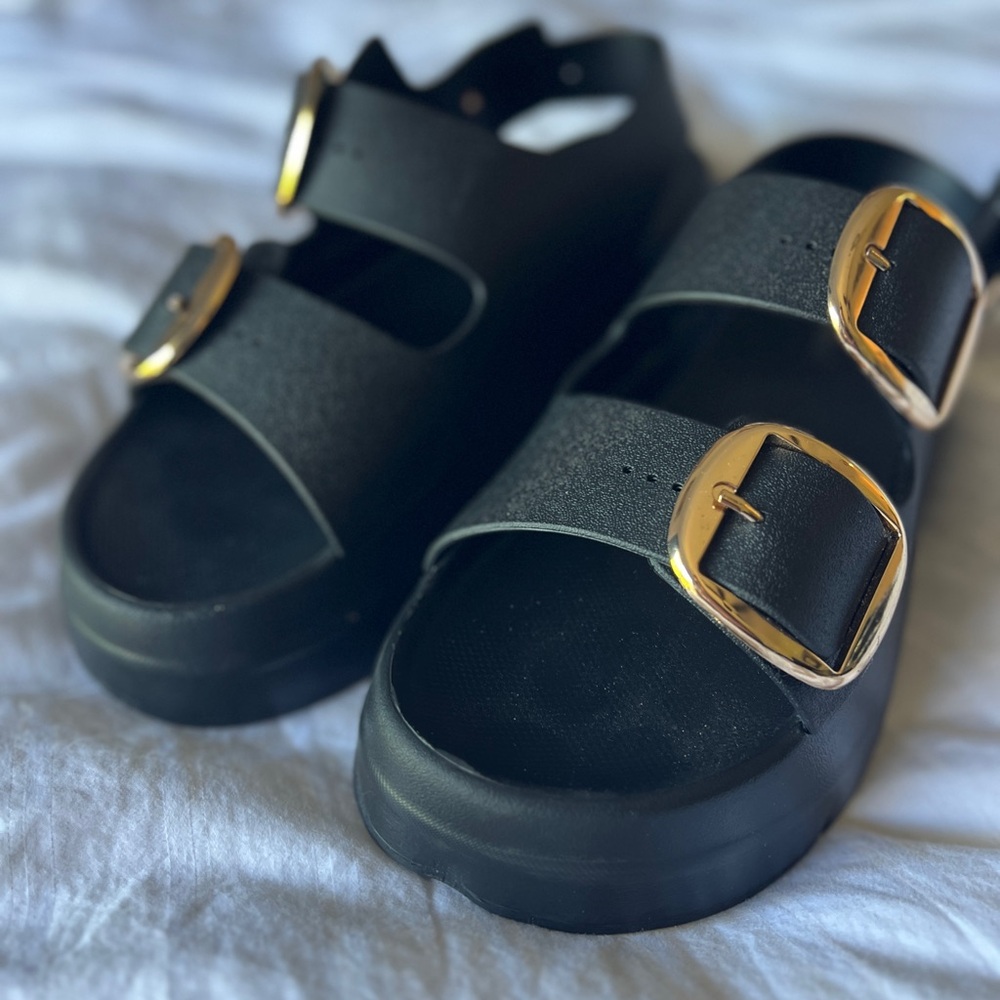 Jeffrey Campbell Black Platform Sandals with Gold Buckles